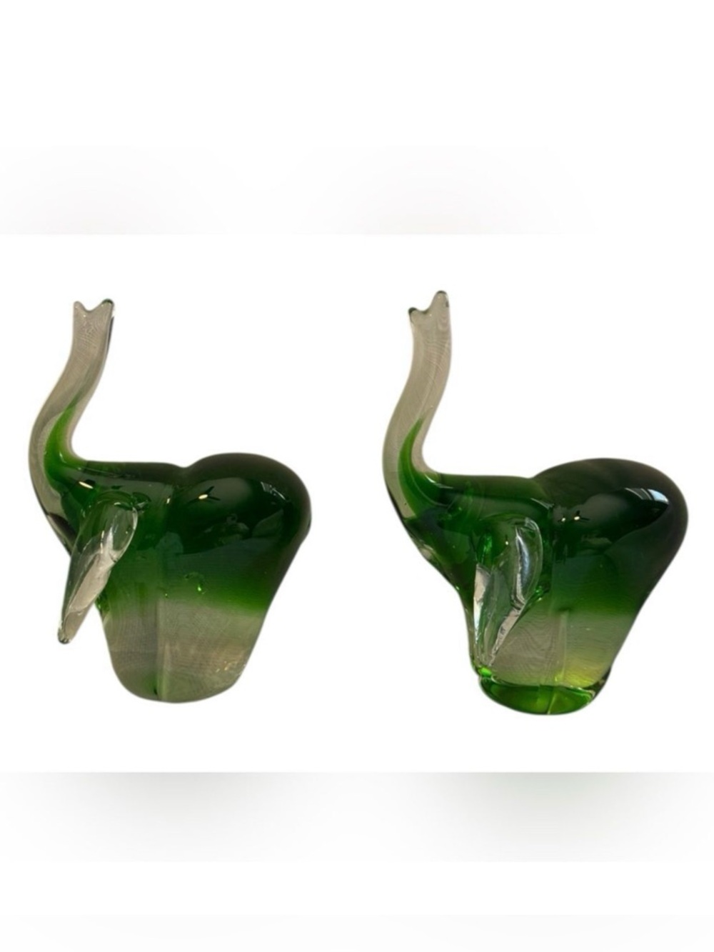 Vintage Murano-style Green Glass Elephant Figurines Paperweight Decor - set of 2